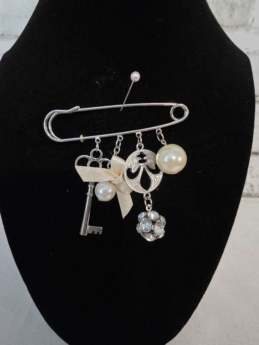 Silver-Tone Charm Safety Pin Brooch with Ivory Pearl and Crystal Accents